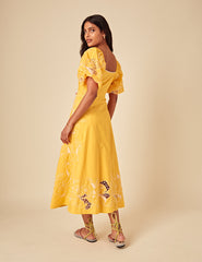 Yellow Floral Embroidered Puff Sleeve Beatrix Midi Dress