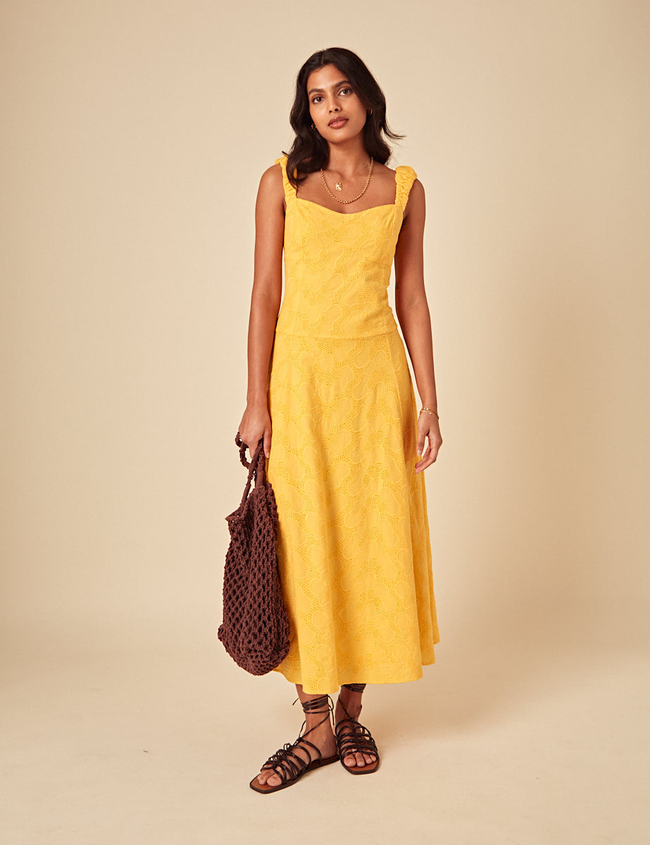 Yellow Floral Embroidered Sofia Midi Dress