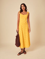 Yellow Floral Embroidered Sofia Midi Dress