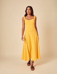 Yellow Floral Embroidered Sofia Midi Dress