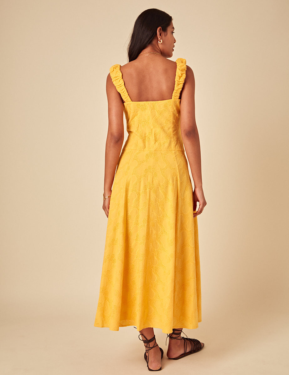 Yellow Floral Embroidered Sofia Midi Dress