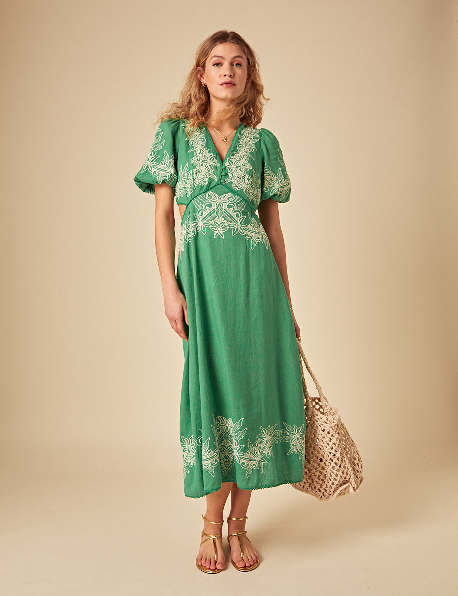Green Linen-blend Floral Embroidered Nicky Midi Dress