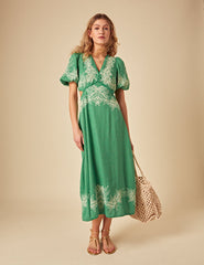 Green Linen-blend Floral Embroidered Nicky Midi Dress