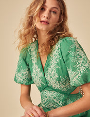 Green Linen-blend Floral Embroidered Nicky Midi Dress