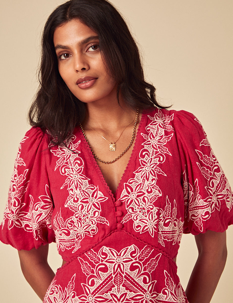 Red Floral Embroidered Nicky Mini Dress