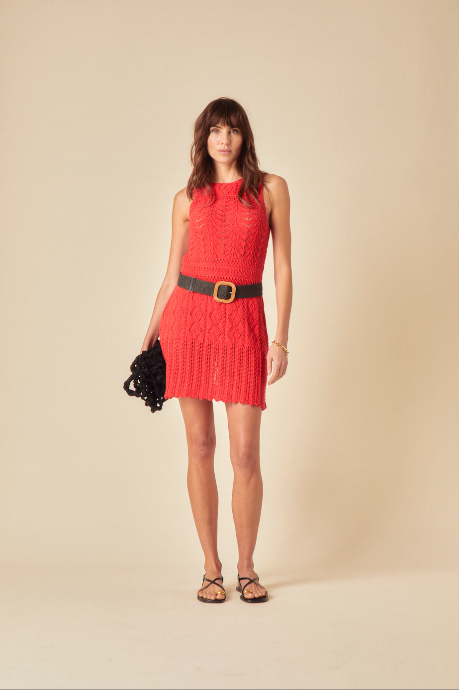 Red Mock Crochet Swing Mini Dress