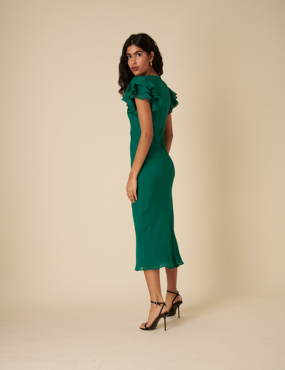 Green Frill Sleeve Layla Midi Dress