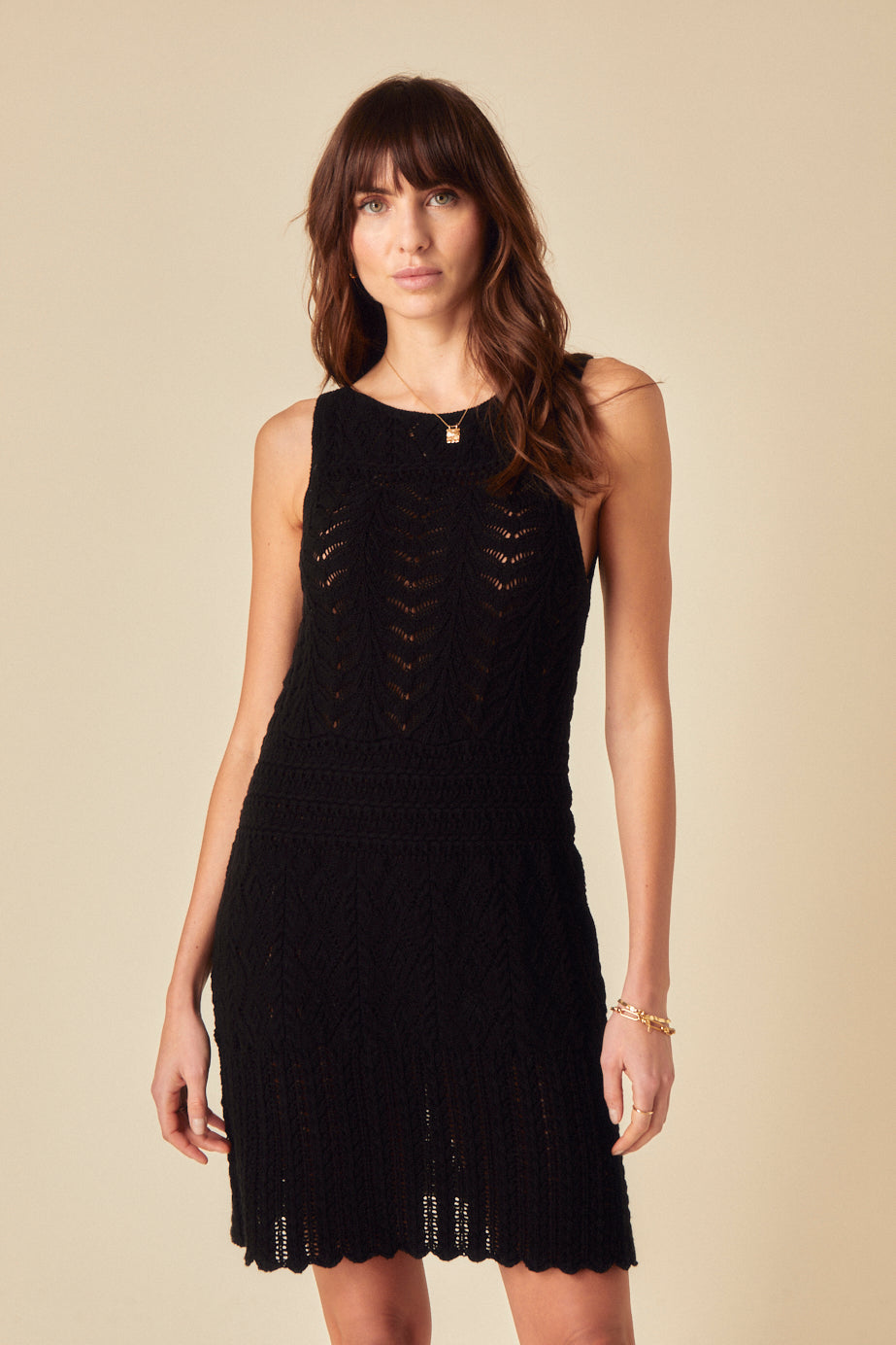 Black Mock Crochet Swing Mini Dress