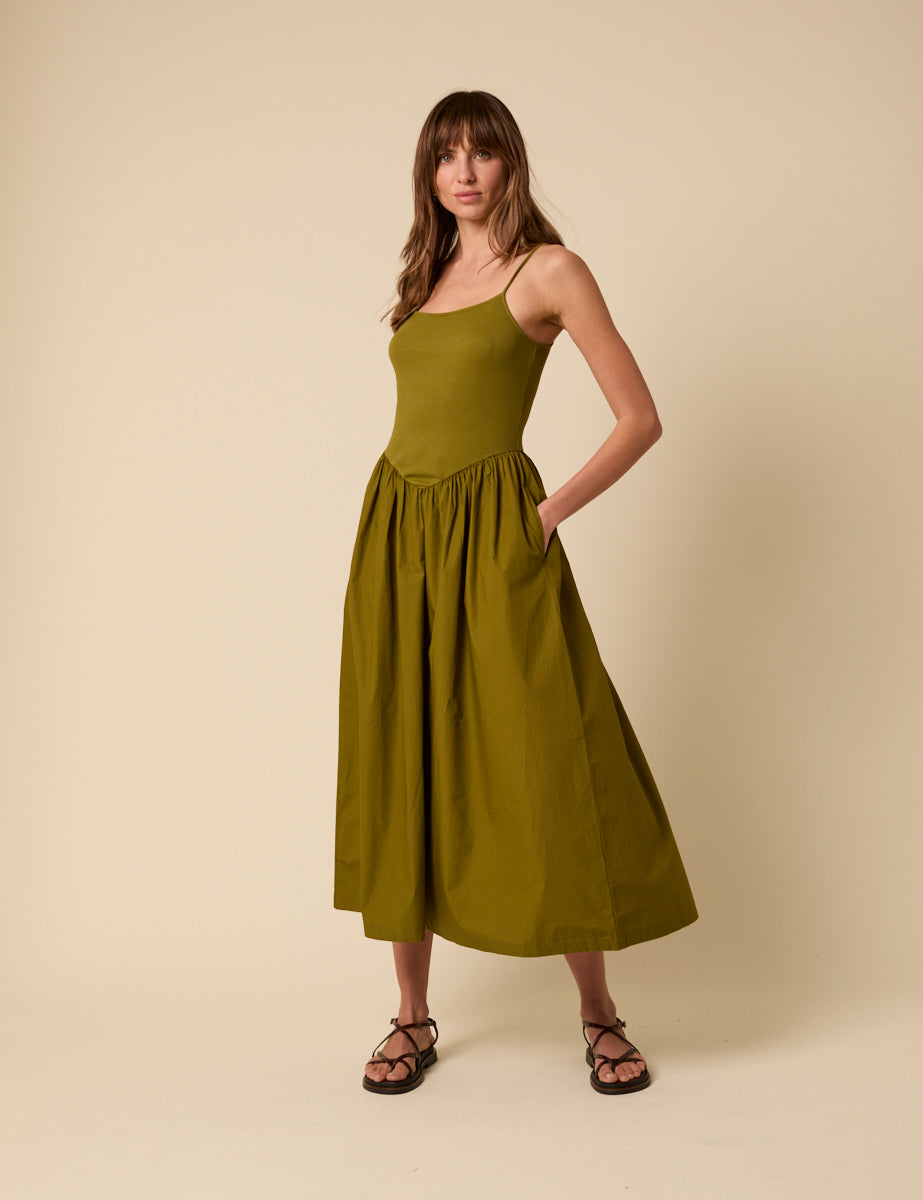 Green Ribbed Drop Waist Strappy Midi Dress