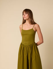 Green Ribbed Drop Waist Strappy Midi Dress