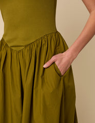 Green Ribbed Drop Waist Strappy Midi Dress