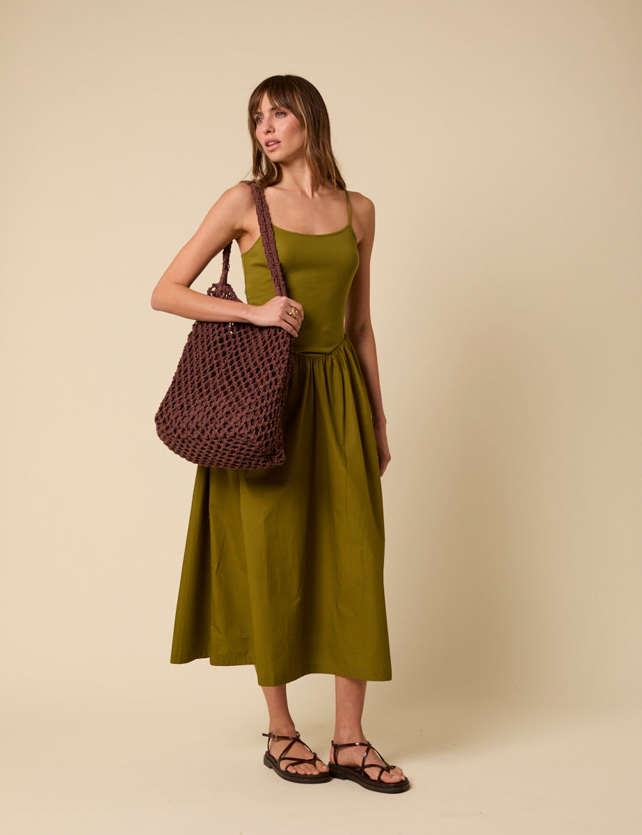 Green Ribbed Drop Waist Strappy Midi Dress
