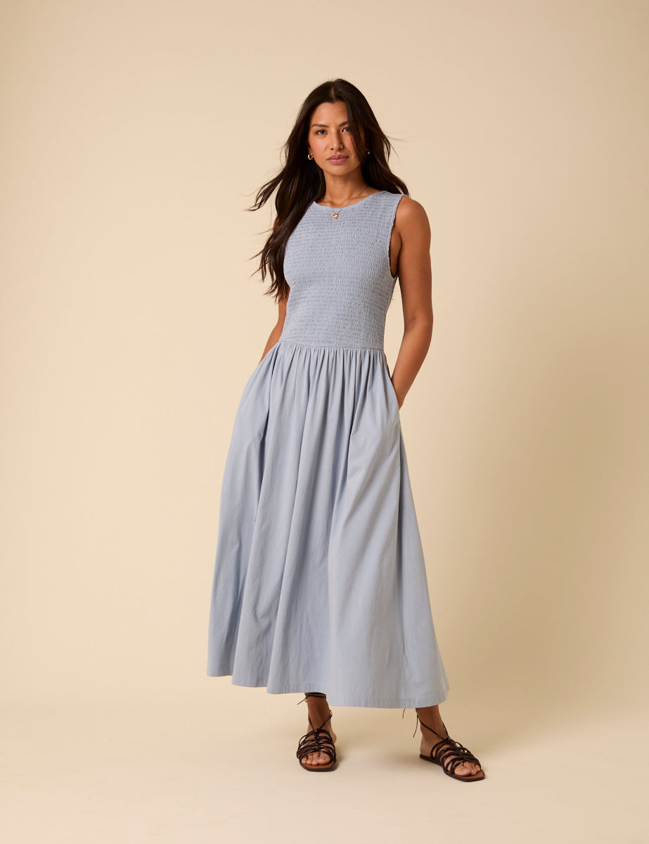Blue Shirred Bodice Billie Midi Dress