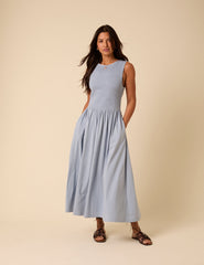 Blue Shirred Bodice Billie Midi Dress