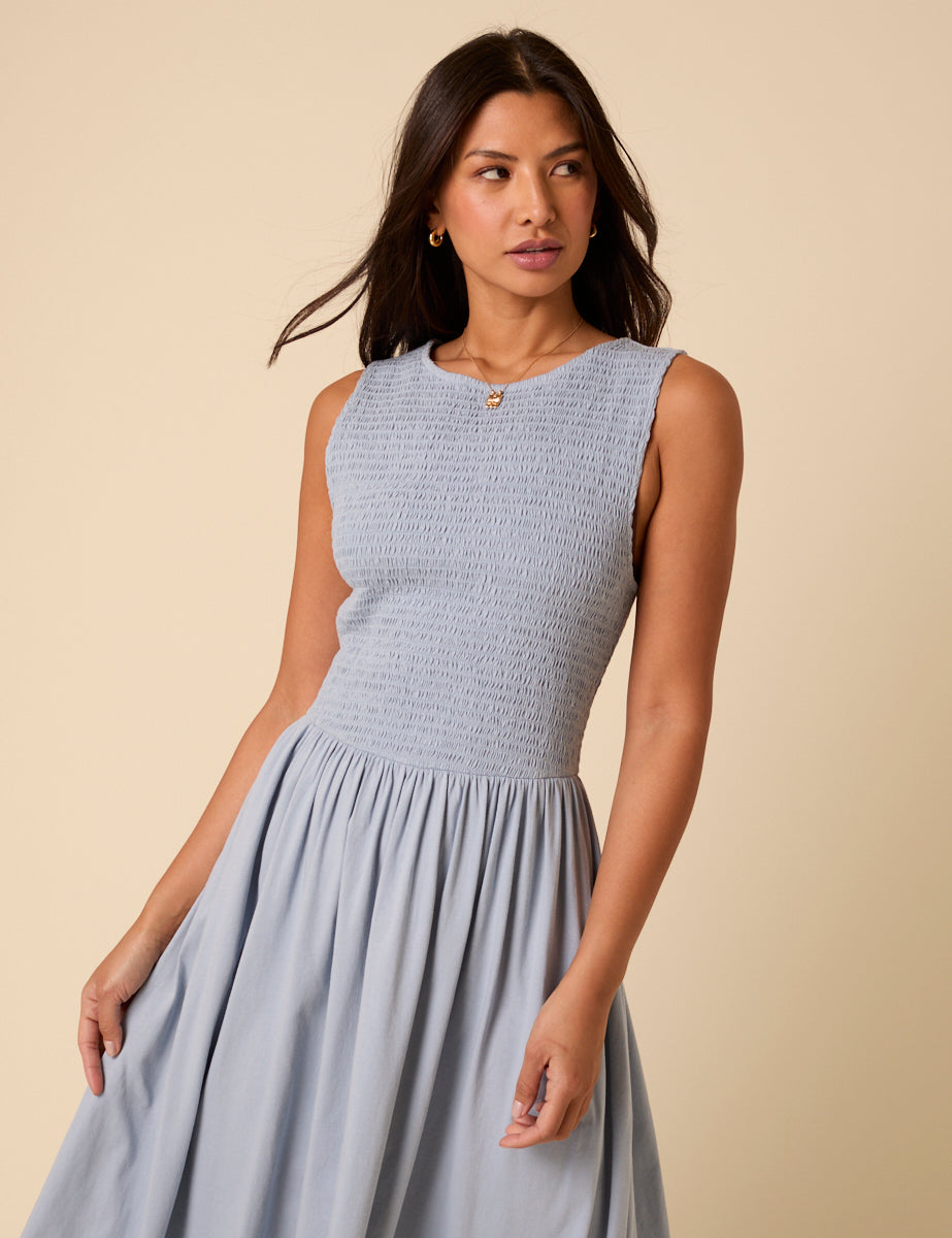 Blue Shirred Bodice Billie Midi Dress