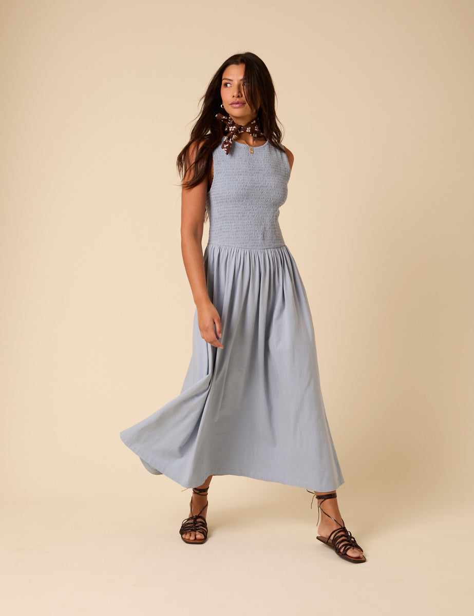 Blue Shirred Bodice Billie Midi Dress