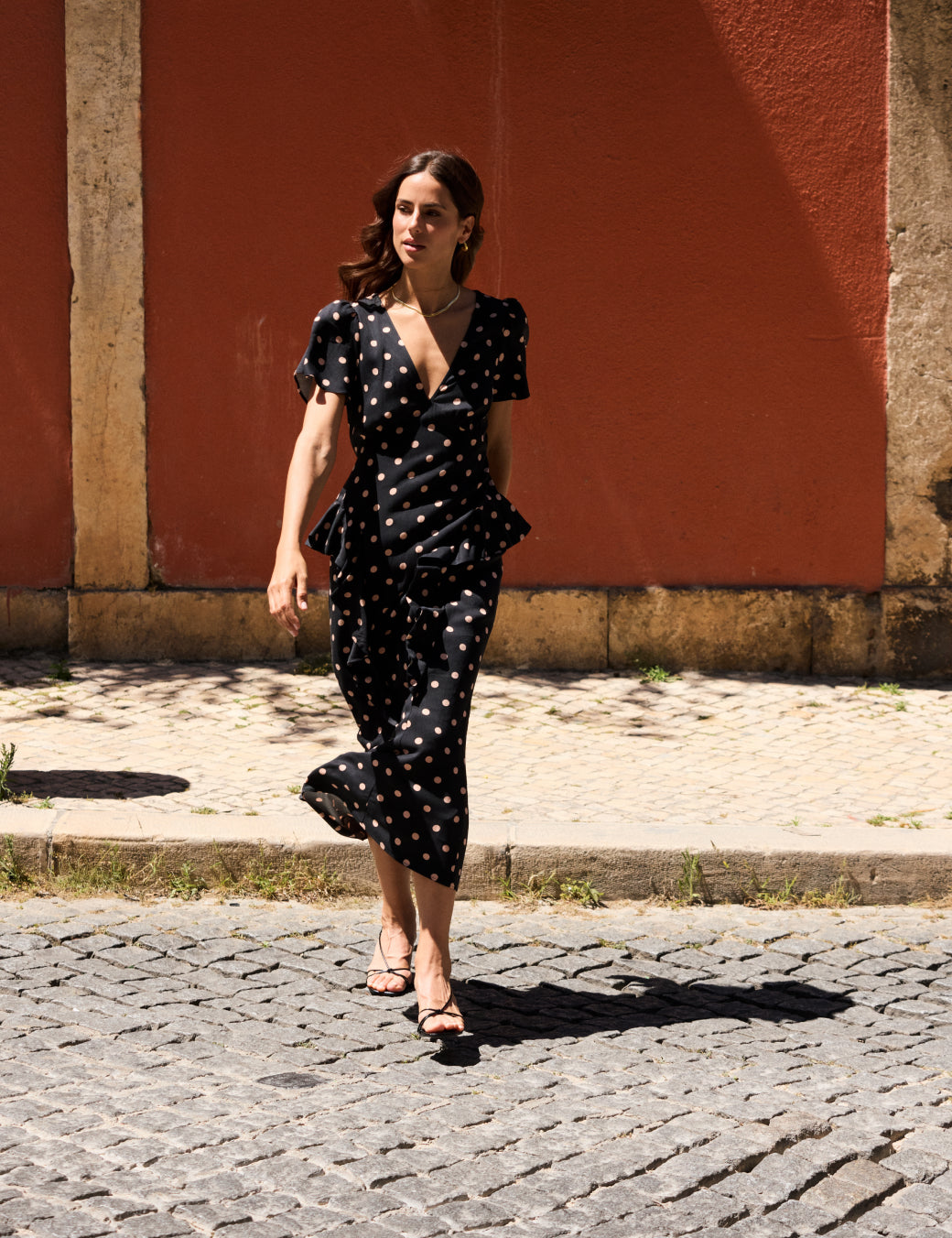 Black Polka Dot Ruffle Lyndsey Midi Dress