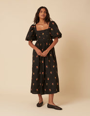 Black Floral Embroidered Nova Midi Dress