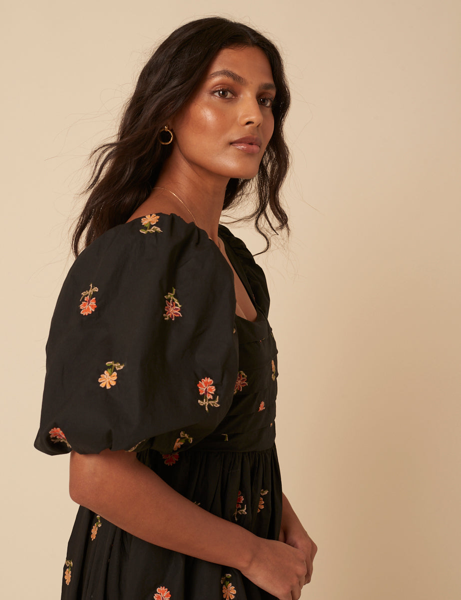 Black Floral Embroidered Nova Midi Dress