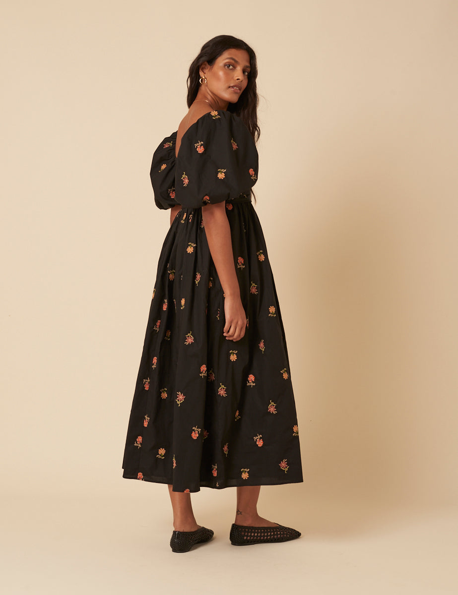 Black Floral Embroidered Nova Midi Dress