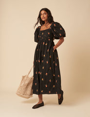 Black Floral Embroidered Nova Midi Dress