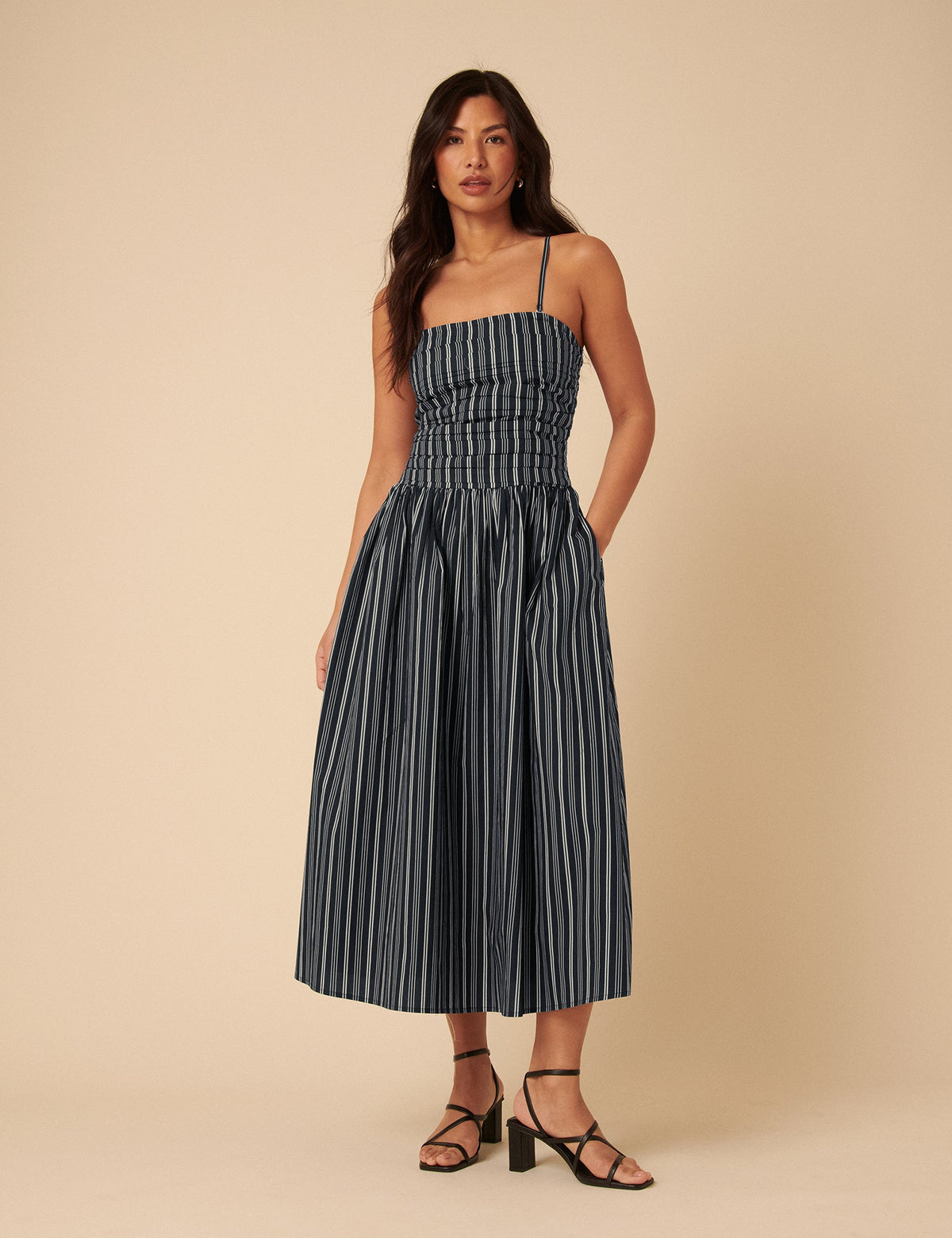 Navy Pinstripe Felicity Midi Dress