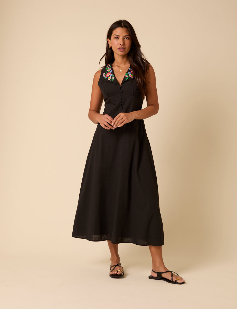 Black Floral Embroidered Melanie Midi Dress