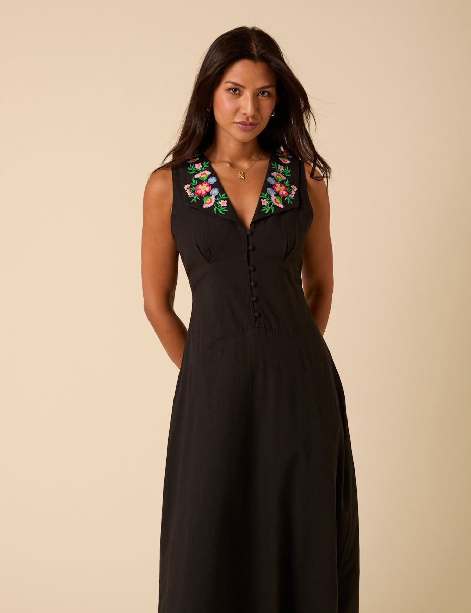 Black Floral Embroidered Melanie Midi Dress