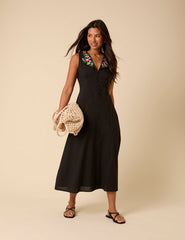 Black Floral Embroidered Melanie Midi Dress