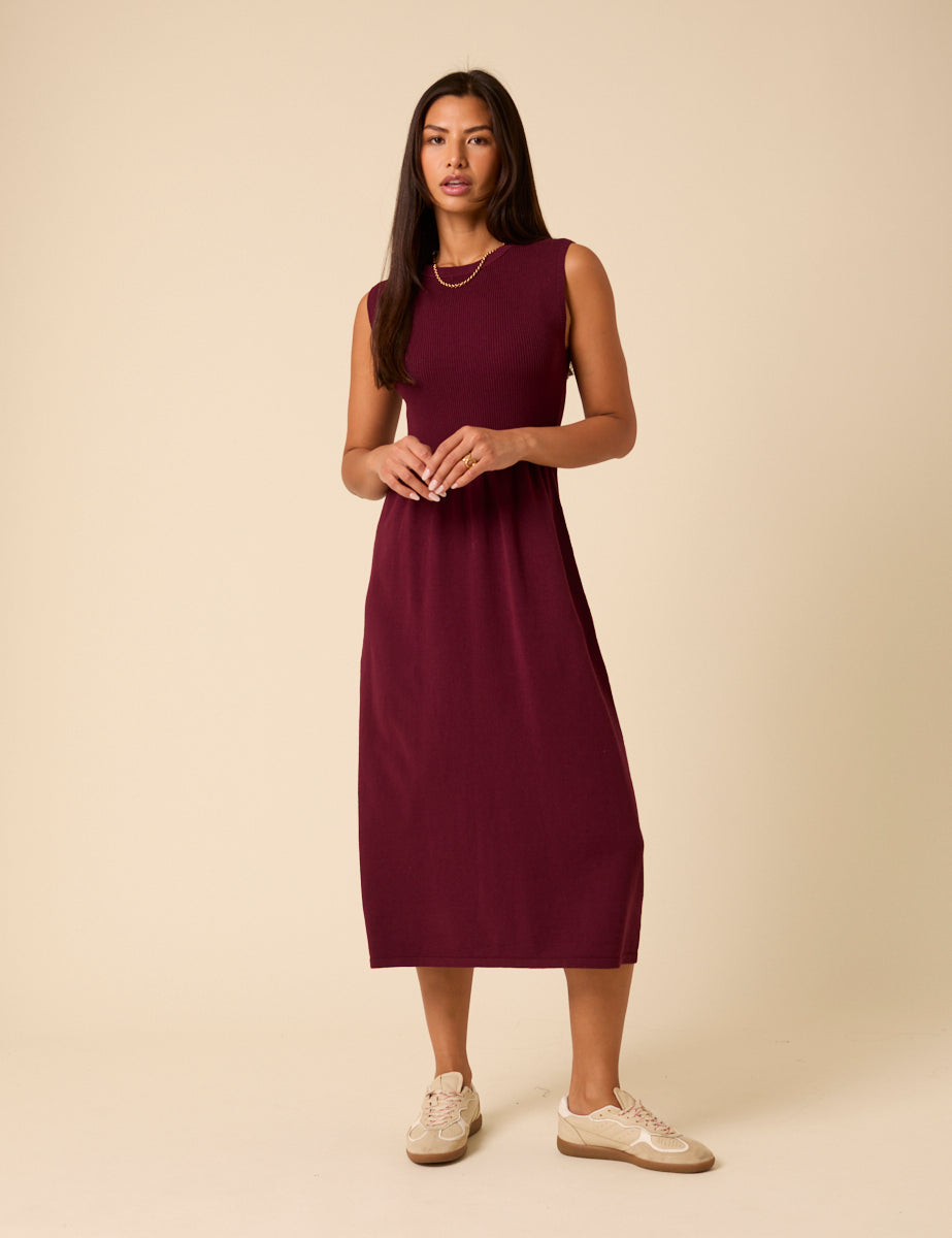 Burgundy Sleeveless Knitted Midi Dress