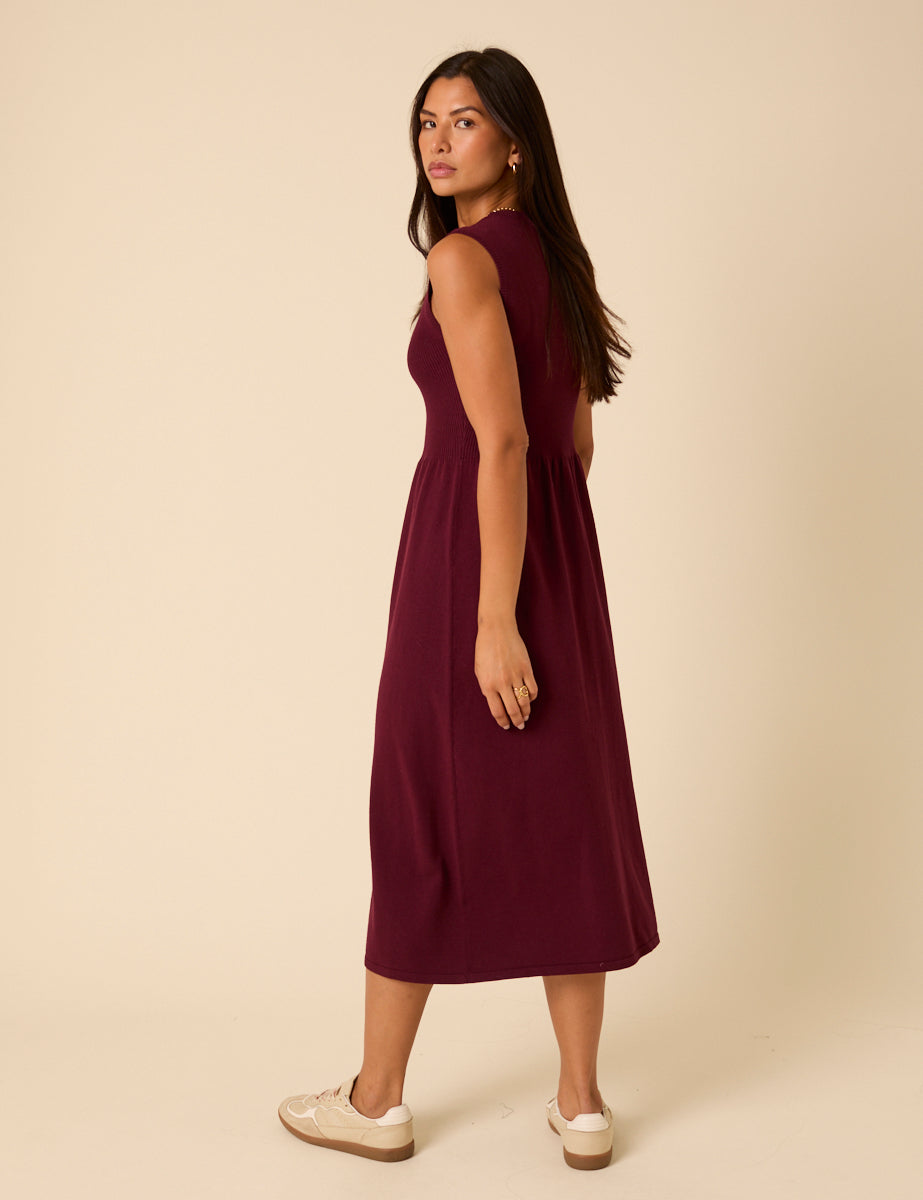 Burgundy Sleeveless Knitted Midi Dress