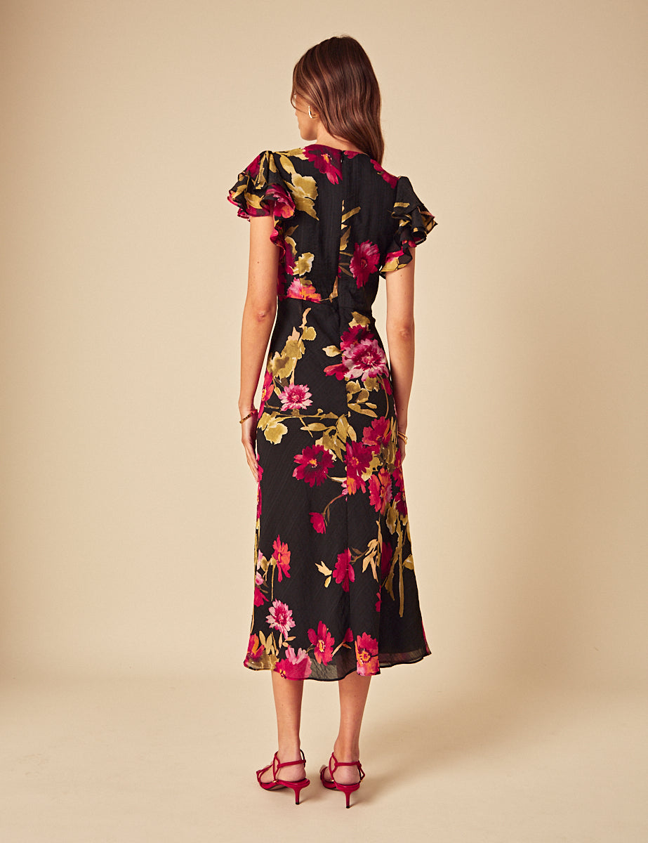 Black Floral Layla Midi Dress