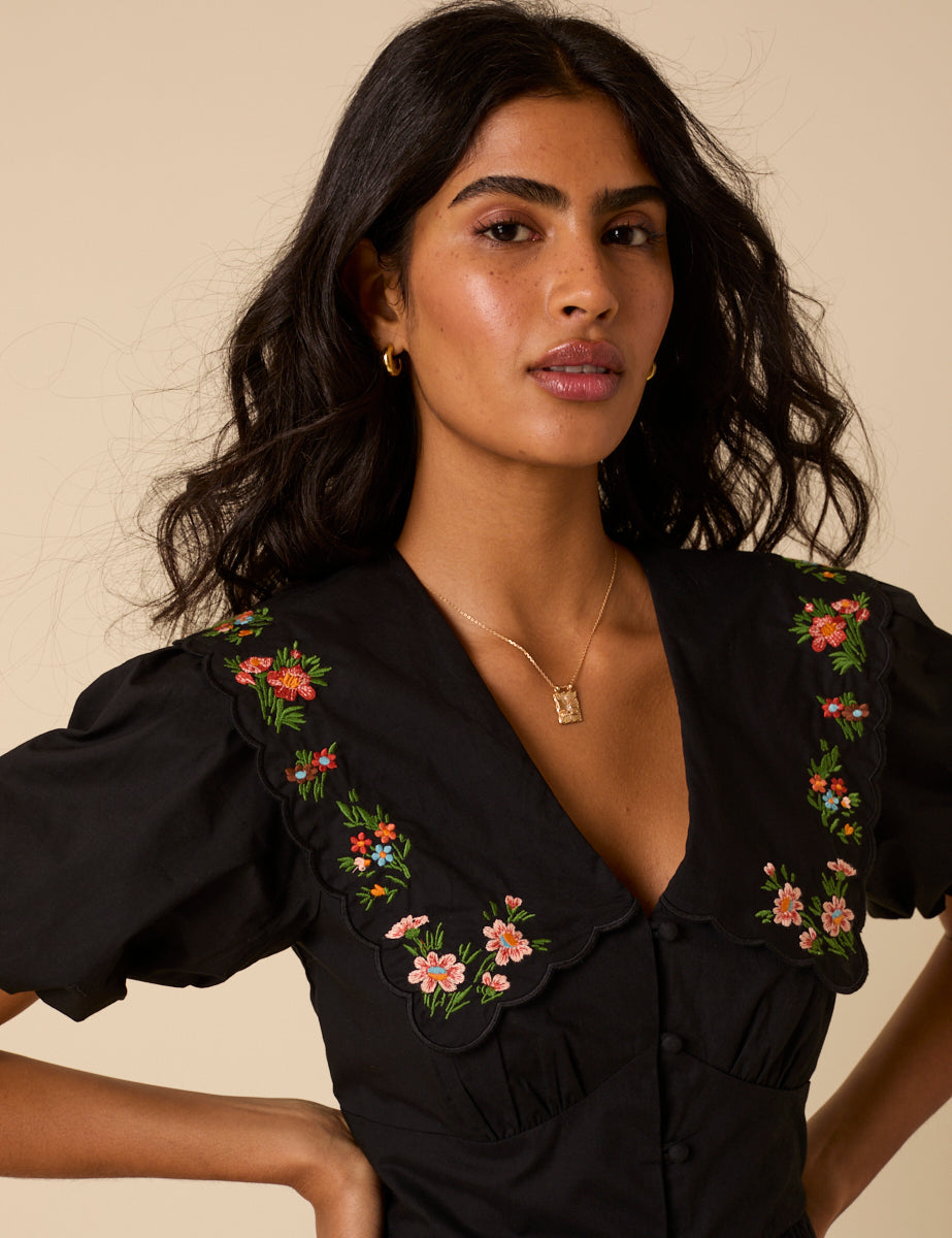 Black Floral Embroidered Birdie Mini Dress