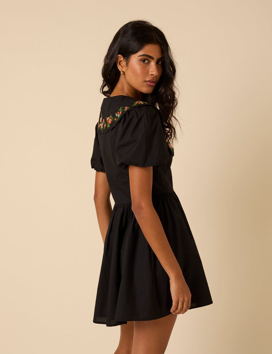 Black Floral Embroidered Birdie Mini Dress