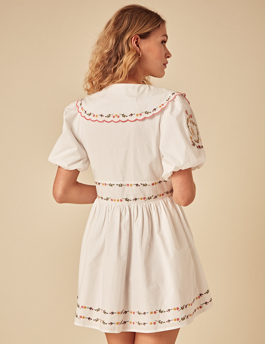 Elizabeth Scarlett White Floral Embroidered Birdie Mini Dress