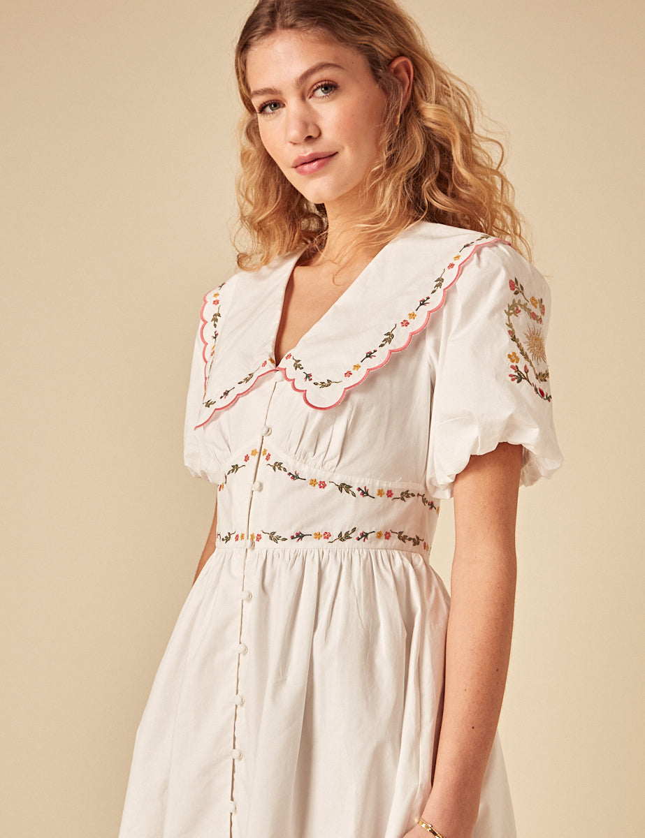 Elizabeth Scarlett White Floral Embroidered Birdie Mini Dress