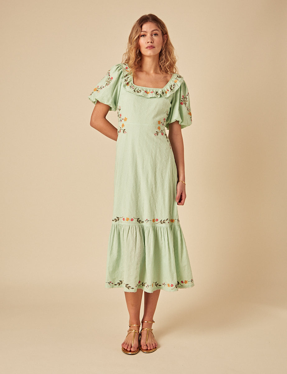 Elizabeth Scarlett Mint Green Floral Embroidered Asher Midi Dress