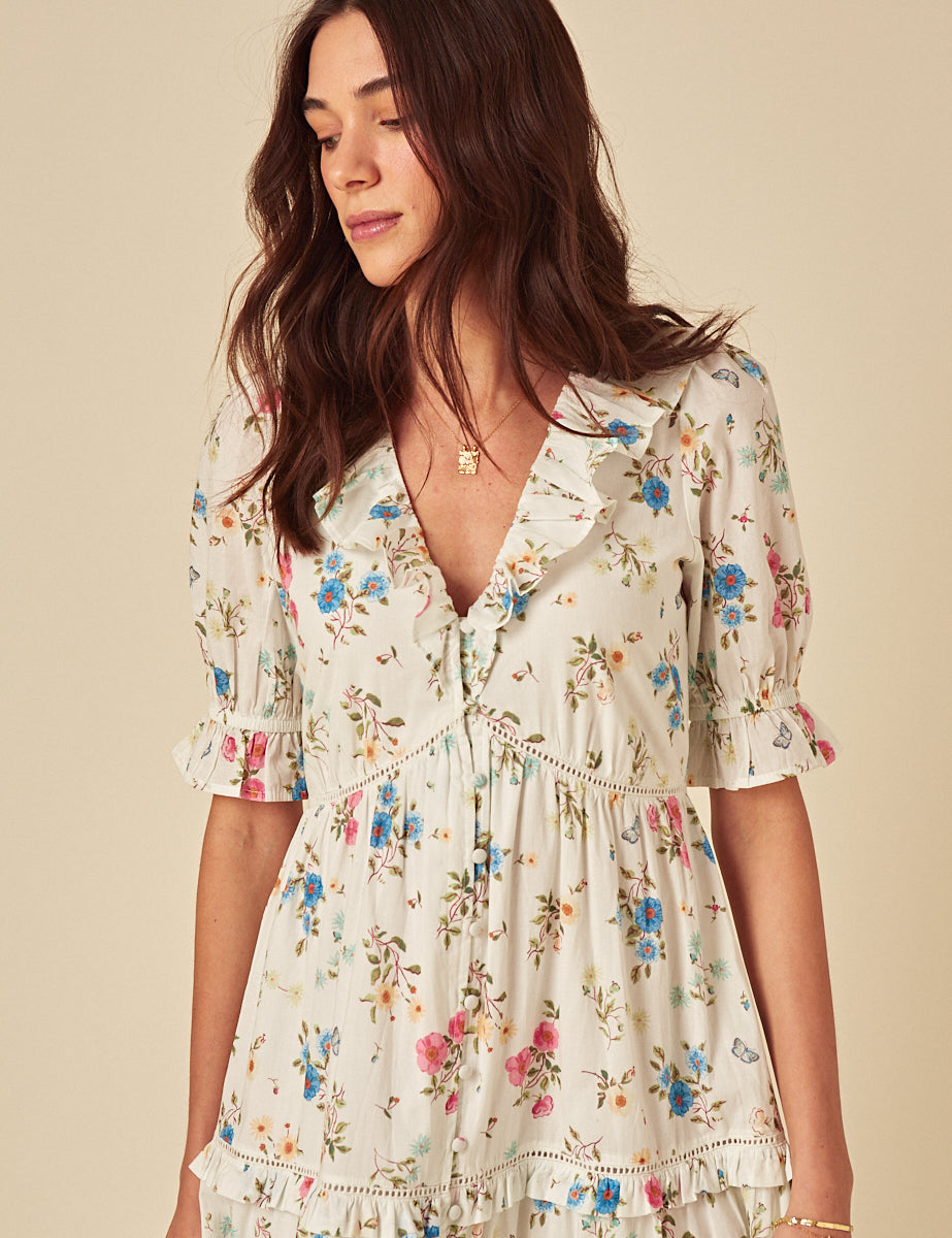 Elizabeth Scarlett White Floral Aurelia Midi Dress