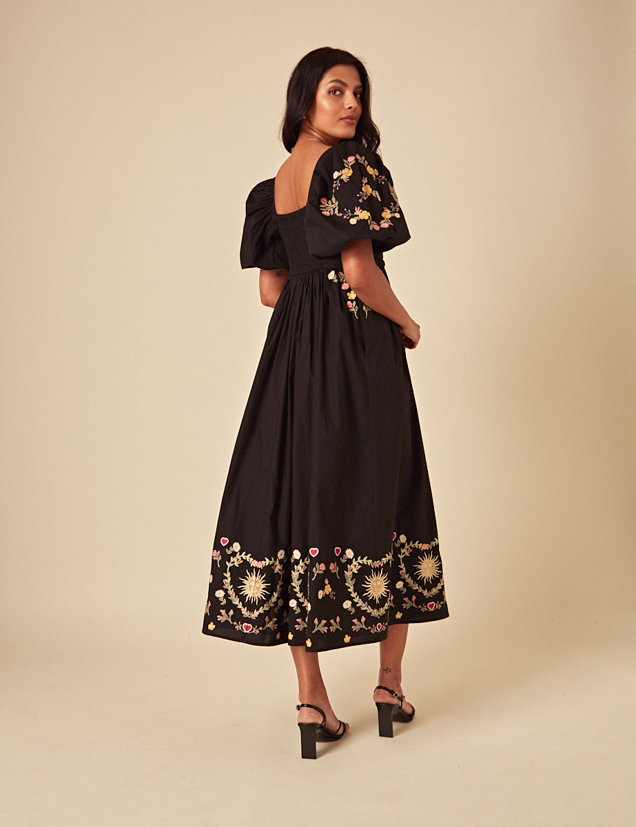 Elizabeth Scarlett Black Floral Embroidered Nova Midi Dress