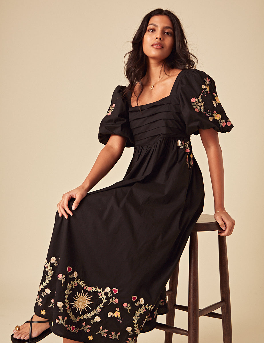 Elizabeth Scarlett Black Floral Embroidered Nova Midi Dress