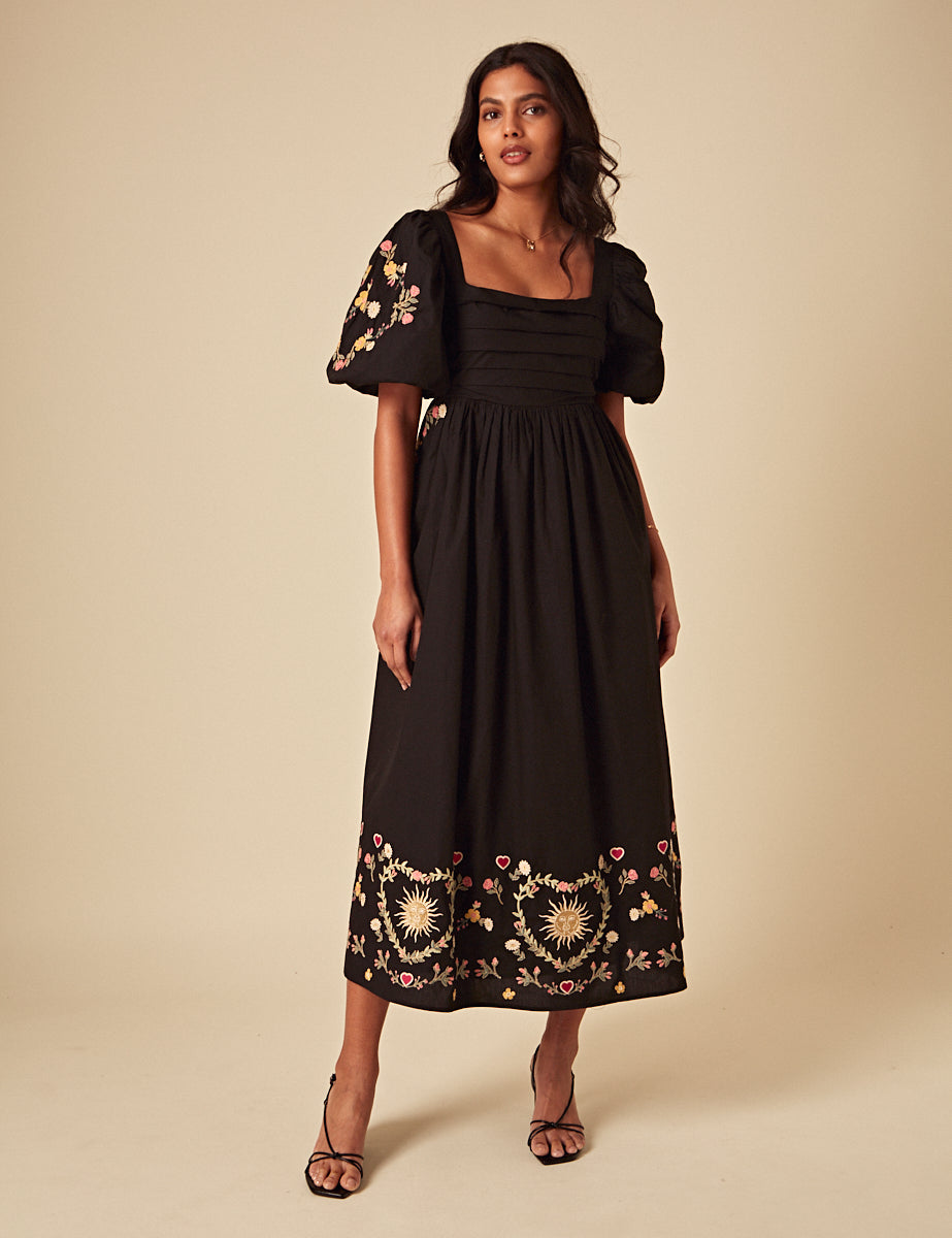 Elizabeth Scarlett Black Floral Embroidered Nova Midi Dress