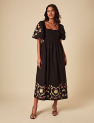 Elizabeth Scarlett Black Floral Embroidered Nova Midi Dress