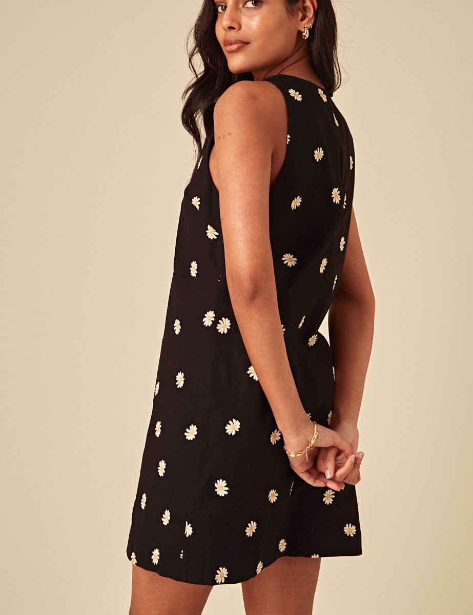 Elizabeth Scarlett Black Daisy Embroidered Palermo Mini Dress
