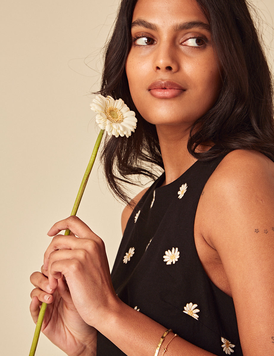 Elizabeth Scarlett Black Daisy Embroidered Palermo Mini Dress
