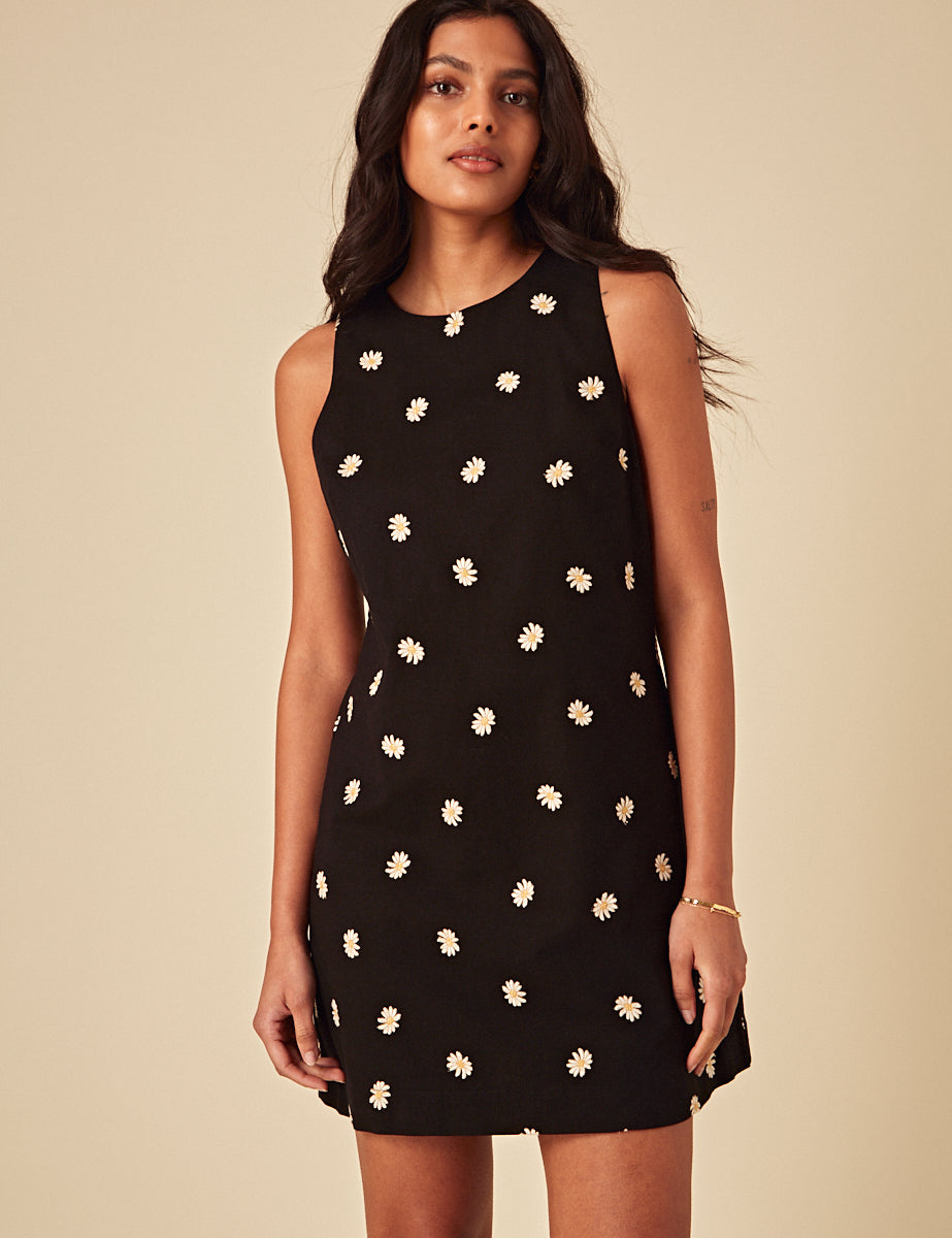 Elizabeth Scarlett Black Daisy Embroidered Palermo Mini Dress