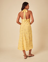 Elizabeth Scarlett Butter Yellow Floral Halter Neck Lyne Midi Dress