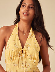 Elizabeth Scarlett Butter Yellow Floral Halter Neck Lyne Midi Dress