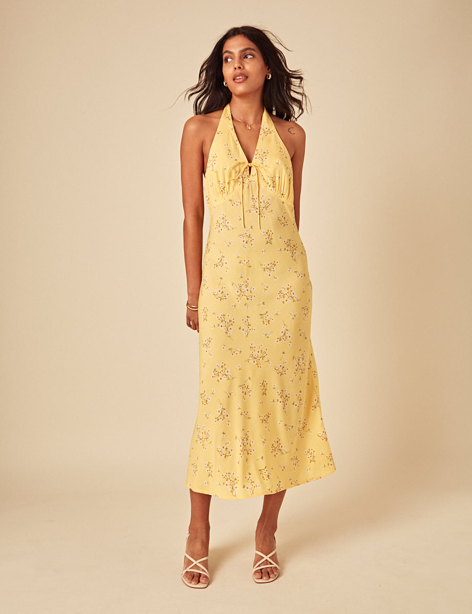 Elizabeth Scarlett Butter Yellow Floral Halter Neck Lyne Midi Dress