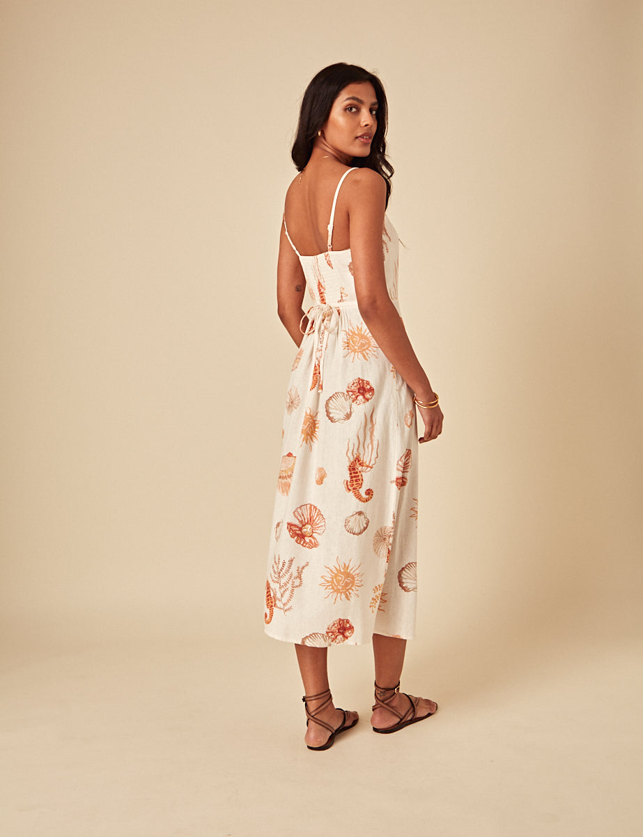 Elizabeth Scarlett White Linen-blend Shell Print Maddy Midi Dress