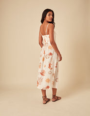 Elizabeth Scarlett White Linen-blend Shell Print Maddy Midi Dress